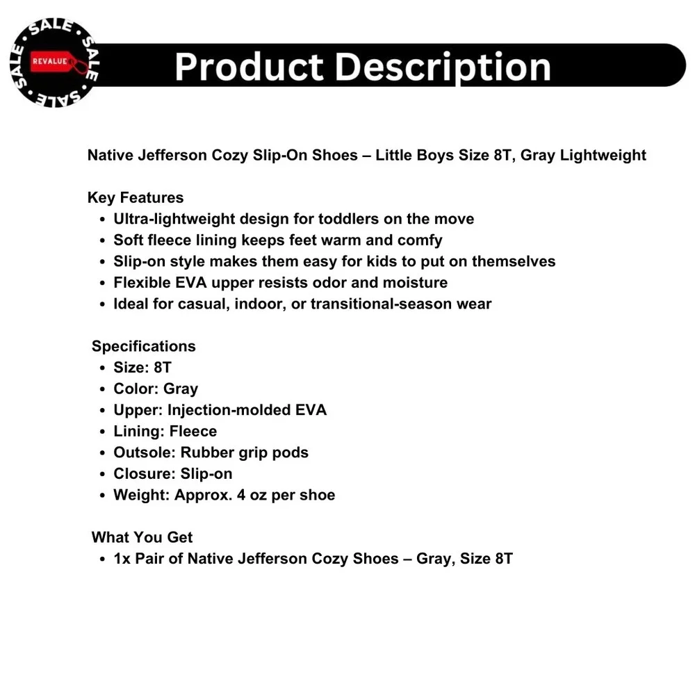 Native Jefferson Cozy Slip-On Shoes – Little‎ Boys Size 8T, Gray Lightweight